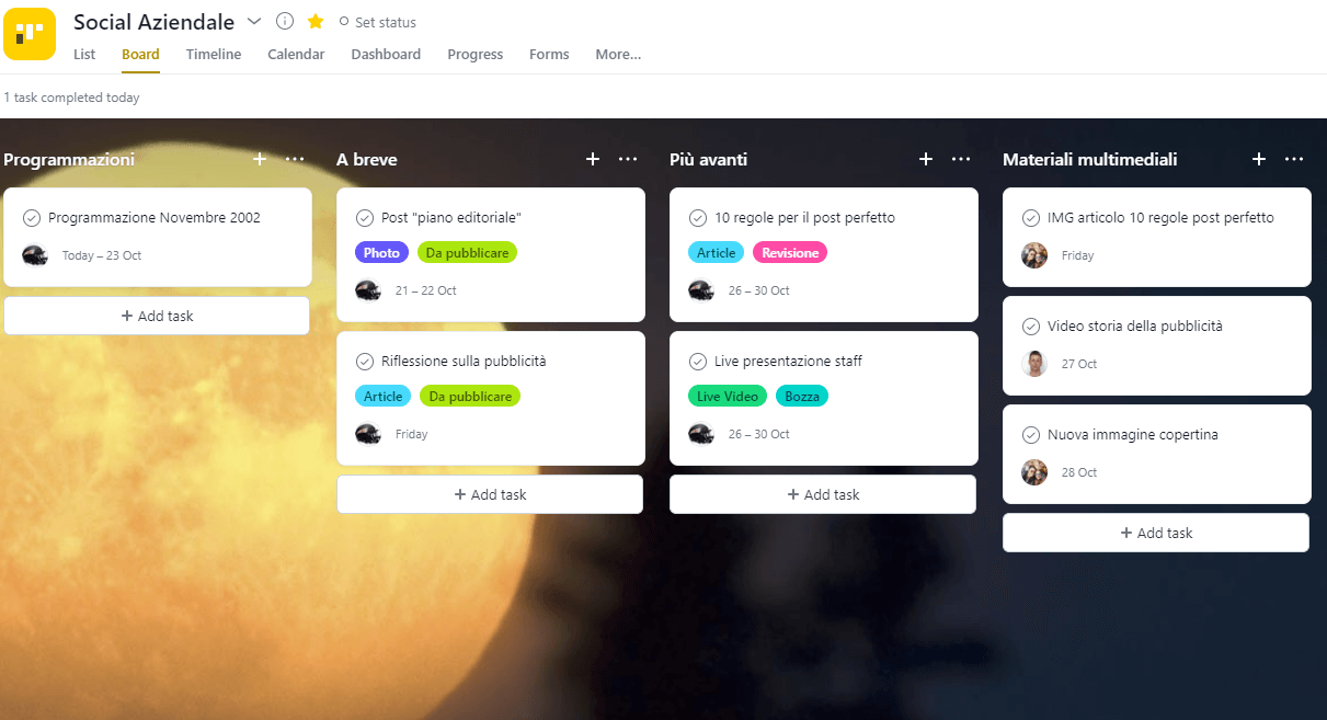 Organizzazione dei post su Asana - Realizzare un piano editoriale sui social