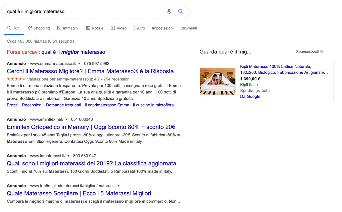 Esempio di SERP: qual è il migliore materasso