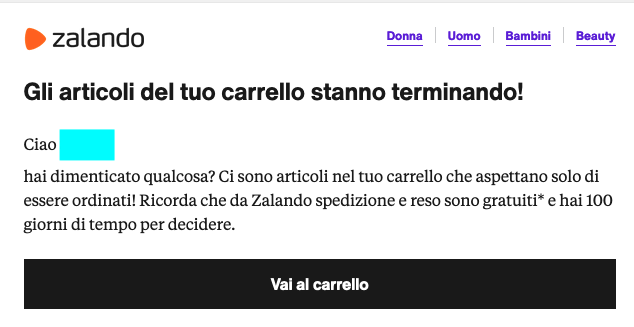 Esempio di email automatica in caso di carrello abbandonato