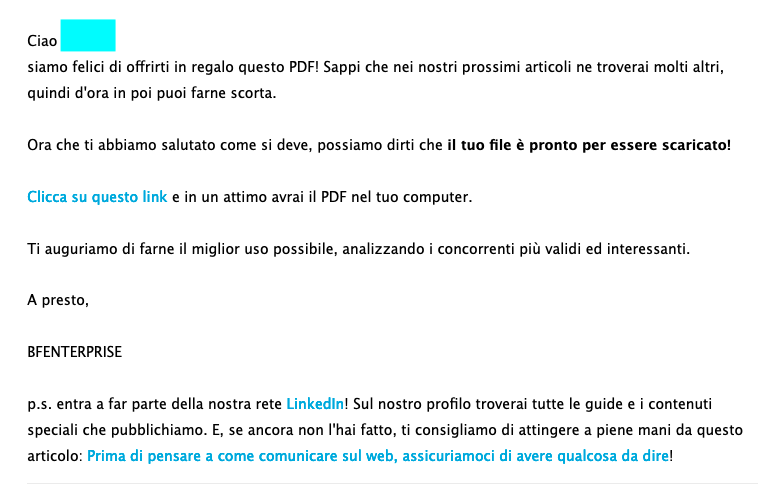 Esempio di email automatica post download di scaricabile