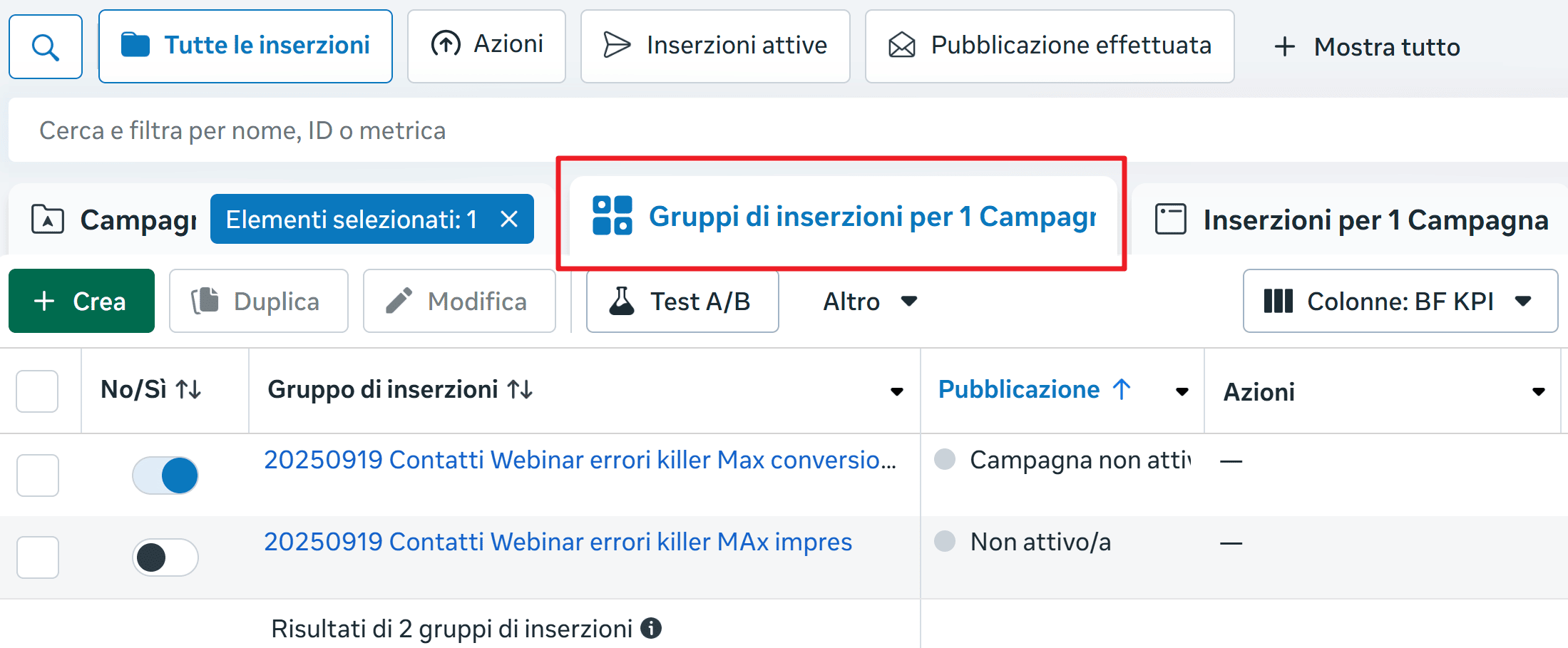 Gruppo di Inserzioni meta