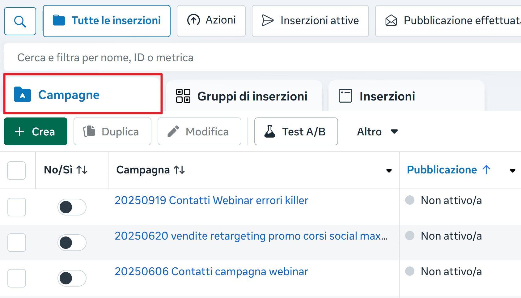 scelta obiettivo campagna meta